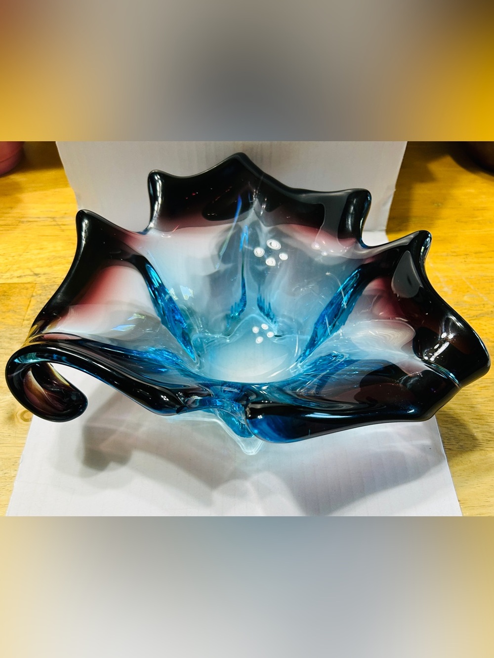 Vintage Murano glass centerpiece bowl in blue & purple colors with wavy design.